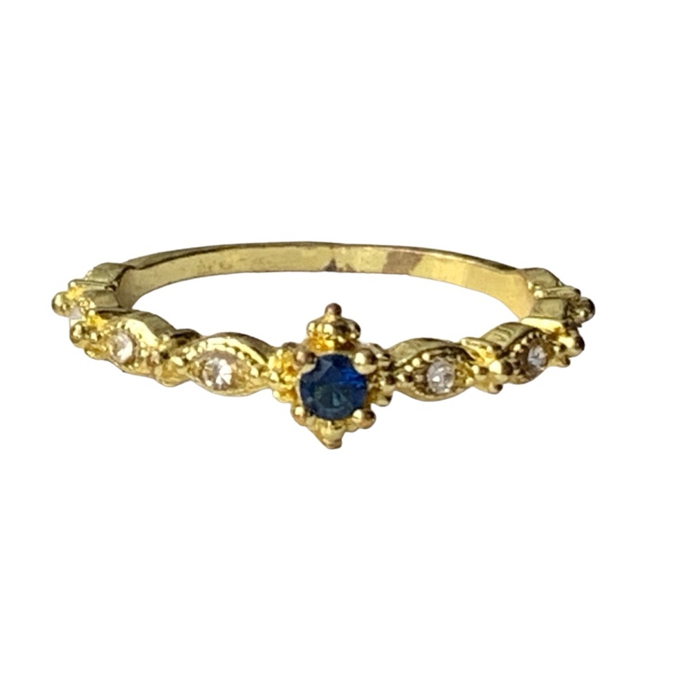 Ornate Sapphire Blue Rhinestone & Clear Gold Tone Fashion Ring Woman’s Jewelry